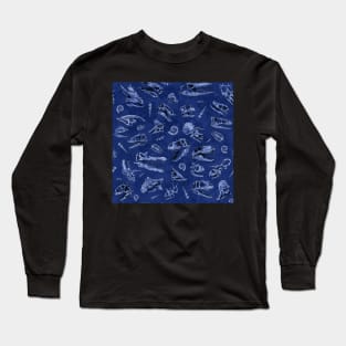 Dinosaur skull sketch tiled pattern blue Long Sleeve T-Shirt